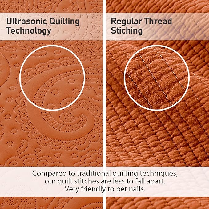 Qucover Oversized King Bedspreads 120x120, 3 Piece California King Quilts Oversized, Ultrasonic Quilting Soft Microfiber Lightweight Pumpking Cal King Quilt with Shams, Burnt Orange