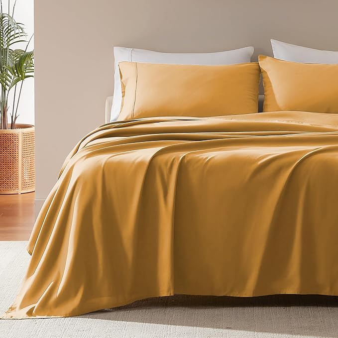 SLEEP ZONE Nanotex Super Soft Cooling King Bed Sheets Set 4 Piece - Easy Care Fitted Flat Sheet & Pillowcase Sets - Wrinkle Free, Fade Resistant, Deep Pocket 16" (Dull Yellow, King)