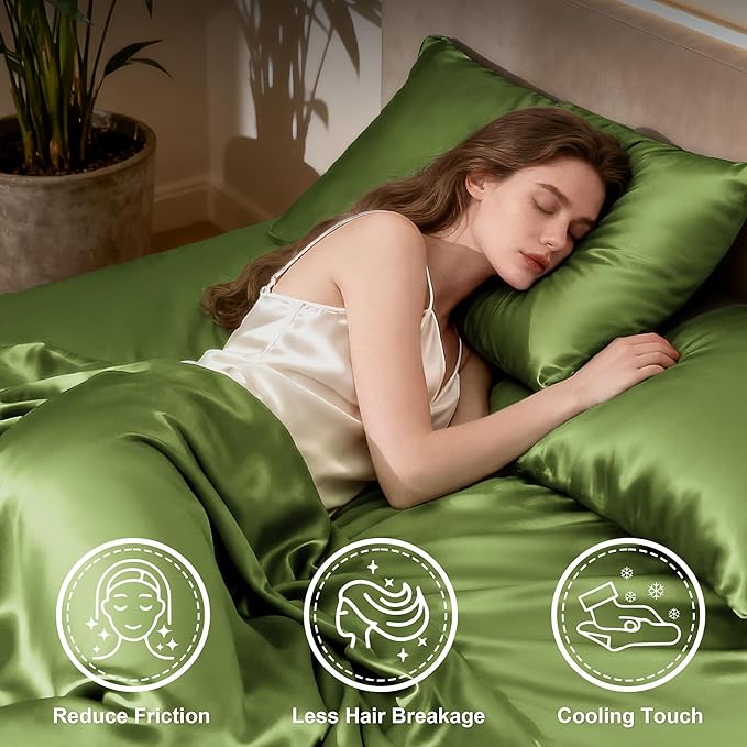 Love's cabin Satin King Sheet Sets - 4 Piece Sage Silky Sheets King Size Bed Set with Deep Pocket, Luxury Silk Feel King Size Satin Sheet Set (1 Flat Sheet,1 Fitted Sheet,2 Pillow Cases)