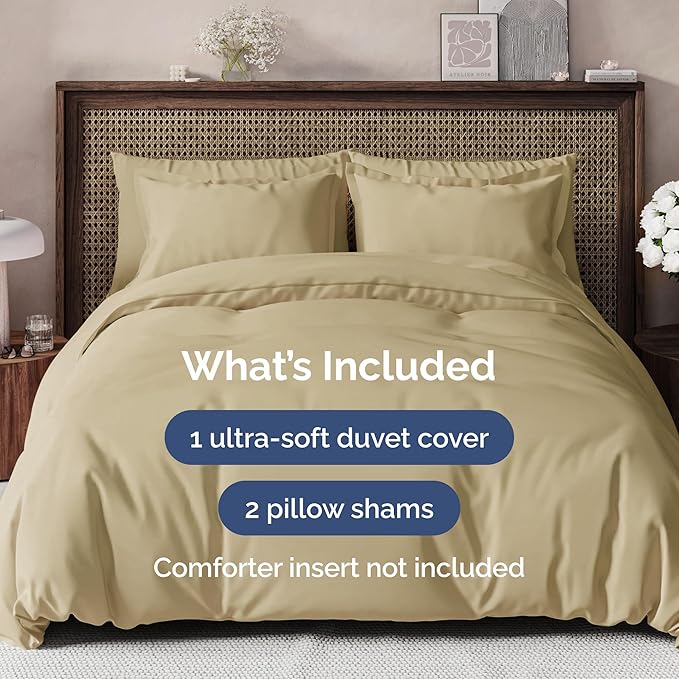 Duvet Cover Queen Size - Extra Soft Queen Size Duvet Cover - Lightweight, Breathable & Cozy - Easy Care & Fade Free with Zipper Closures & Ties - 90" x 90" Inches - (Beige) Comforter Not Included