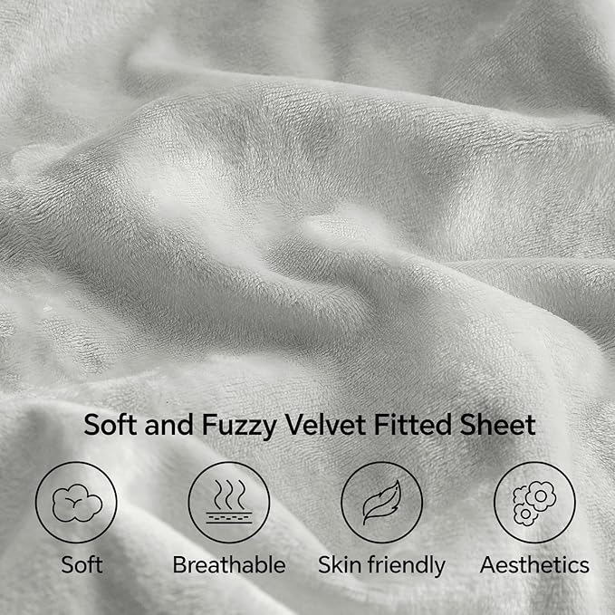 BEDELITE Velvet Fitted Sheet and Pillowcase Set, Luxury Soft Fuzzy Bottom Sheet with Reinforced Elastic Corner Straps, Deep Pocket up to 15 Inch, 1 Fitted Sheet and 1 Pillowcase (Twin, Light Grey)