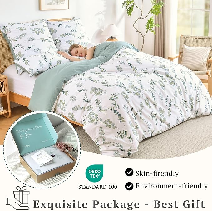 MILDLY Duvet Cover Twin Size - 100% Washed Cotton Sage Green Eucalyptus Reversible Floral Duvet Cover Set 2 Pieces with Zipper Closure Corner Ties