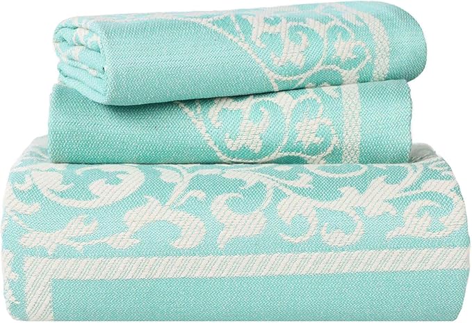 SUPERIOR Cotton Blend Bedspread Set, Includes Oversized Bedspread and 2 Matching Pillow Shams, Light Weight Blanket, Bedding Decor, Jacquard Vintage Floral Mandala, Lyron Collection - Queen, Turquoise