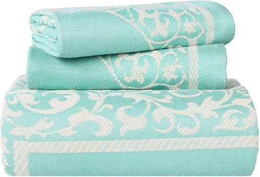 SUPERIOR Cotton Blend Bedspread Set, Includes Oversized Bedspread and 2 Matching Pillow Shams, Light Weight Blanket, Bedding Decor, Jacquard Vintage Floral Mandala, Lyron Collection - Queen, Turquoise