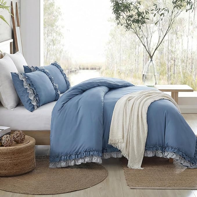 Blue Ruffle Duvet Cover Set Shabby Chic Boho Bedding Queen Elegant Lace Fringe Ruffled Bedding Super Soft Lightweight All Season Duvet Cover with Pillowcases