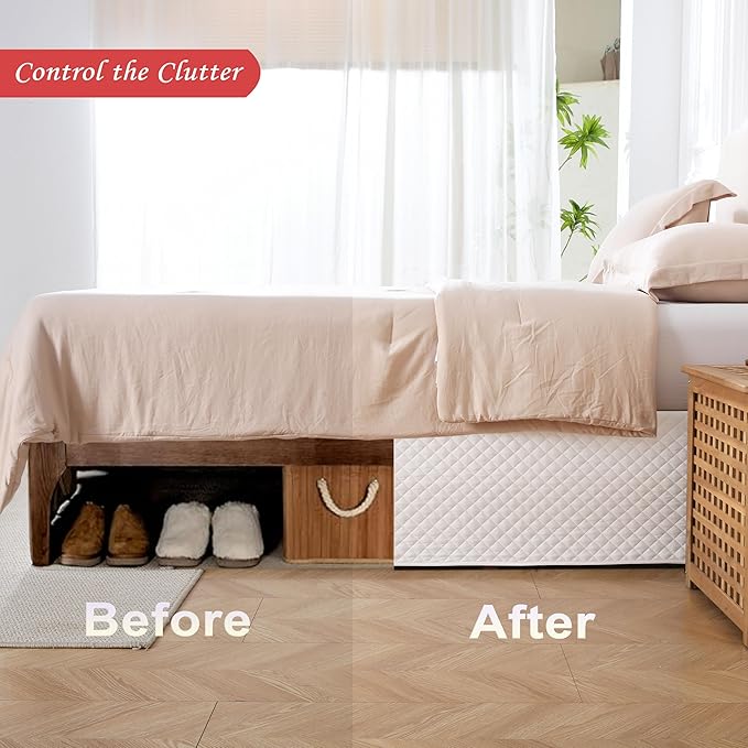 Full Size White Bed Skirt with 14-Inch Drop, Easy Fit Wrap-Around Cover for Bed, Wrinkle-Free and Fade-Resistant Box Spring Cover. (White Grid, Full)