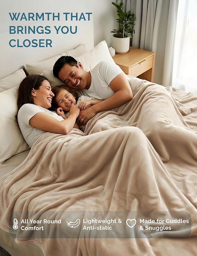 Casa Platino Fleece Blanket Queen Size – 300 GSM Beige Fleece Throw for Bed or Couch – Soft Cozy Warm Holiday Bed Blanket for Winter, Fuzzy Plush Elegant Gifts for Men & Women - 90x90 Inch