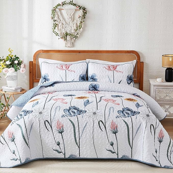 WONGS BEDDING King Set Quilt Set Floral,3 Pieces Blue & Pink Bedspread Coverlet Set Botanical Bedspreads Bed Cover，Quilts Soft Lightweight Farmhouse Flower Bedding Set for Spring Summer(104"x90")