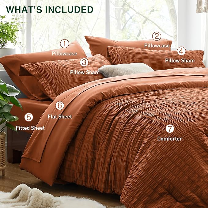 Love's cabin Seersucker Terracotta King Size Comforter Set, 7-Piece All Season Lightweight Bed in a Bag Bedding Set with Comforter, Flat Sheet, Fitted Sheet, Pillowcases and Shams | Soft, Breathable, Lightweight