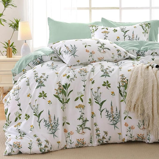 MUXHOMO Full Comforter Set, Green Elegant Floral Print Bed in a Bag 7 Pieces, Ultra Soft & Breathable Reversible Botanical Pattern Bedding Set with Comforter, Sheets, Pillowcases, and Shams