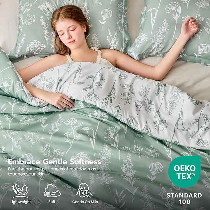 Joiedomi Queen Comforter Set, Sage Green 3 Pieces Floral Queen Bedding Set for Girls Bed with 1 Soft Reversible Botanical Comforter and 2 Pillow Shams, Bed in a Bag for All Seasons