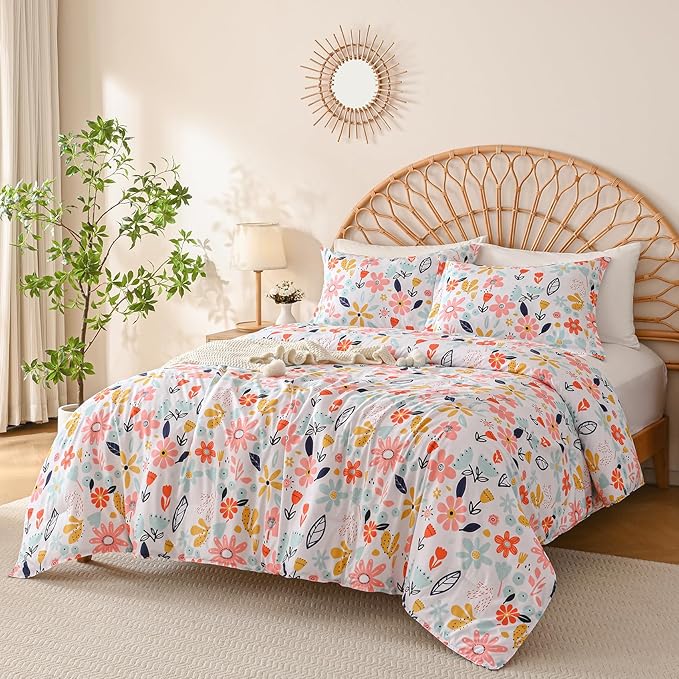 Yibeizi Floral Comforter Set for Girls Twin, Kids Cute Printed Bedding Set with Pillow Sham, Lightweight Soft Breathable Machine Washable Quilted Bed Comforter Set 2 Piece