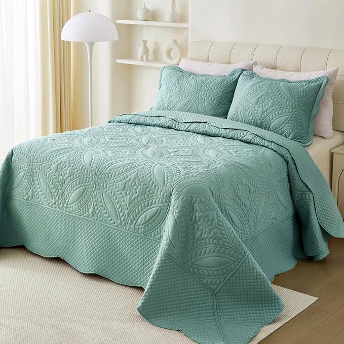 Cmfshape King Bedspread 106"x96",3 Piece King Quilt with 2 Shams,Lightweight Steel Blue Quilt Set for All Season,Modern Coin Pattern Bedding Set,Teal