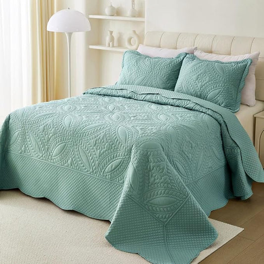 Cmfshape King Bedspread 106"x96",3 Piece King Quilt with 2 Shams,Lightweight Steel Blue Quilt Set for All Season,Modern Coin Pattern Bedding Set,Teal