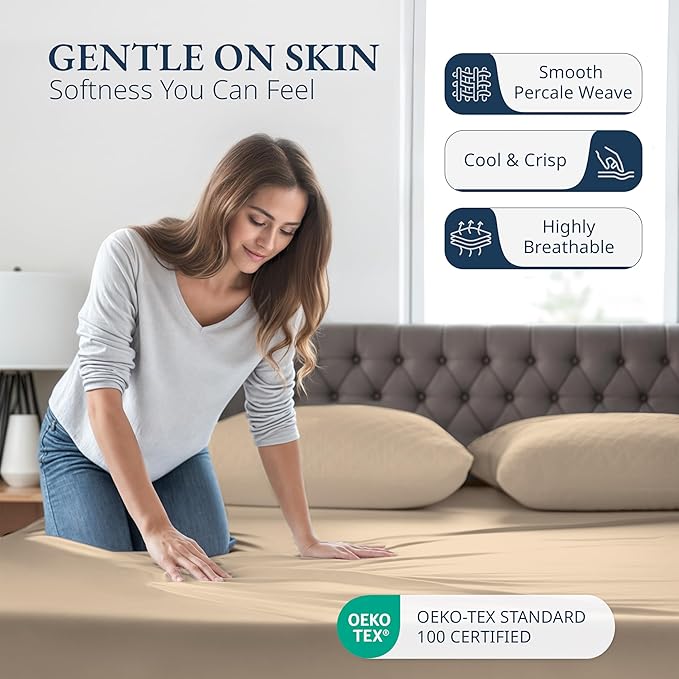 LANE LINEN 100% Organic Cotton Linen Twin Fitted Sheets, 2-Piece Set (1 Fitted Sheet, 1 Pillowcase), Percale Weave, Ultra Soft, Breathable, Fits Mattress Upto 15' Deep - Linen (No Flat Sheet)