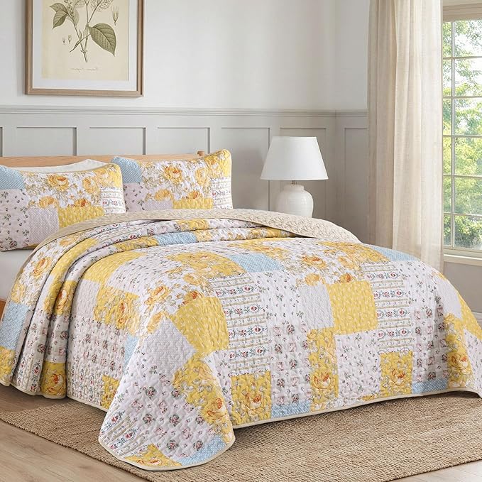 Anibedding Yellow Patchwork Quilt Set King Size Boho Floral Plaid Bedspread Coverlet Set, Soft Microfiber Bedding Set Summer Bed Cover, Yellow & Blue Patchwork Farmhouse Bedspread for All Season