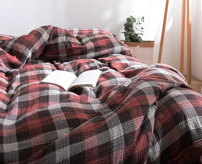 VM VOUGEMARKET Cotton Muslin Duvet Cover Queen Red Plaid Bedding Set Soft Breathable Linen Like Gauze Gingham Comforter Cover with Zipper Closure for Teen Men,90"x90"