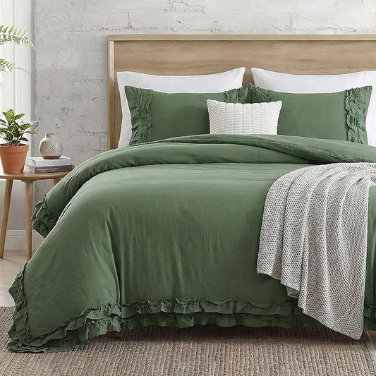 Bedorm Boho Twin Duvet Cover Olive Green Bedding Set Shabby Chic Lace Fringe Ruffle Bedding Super Soft Warm Farmhouse Comforter Cover 3 Pcs Sets