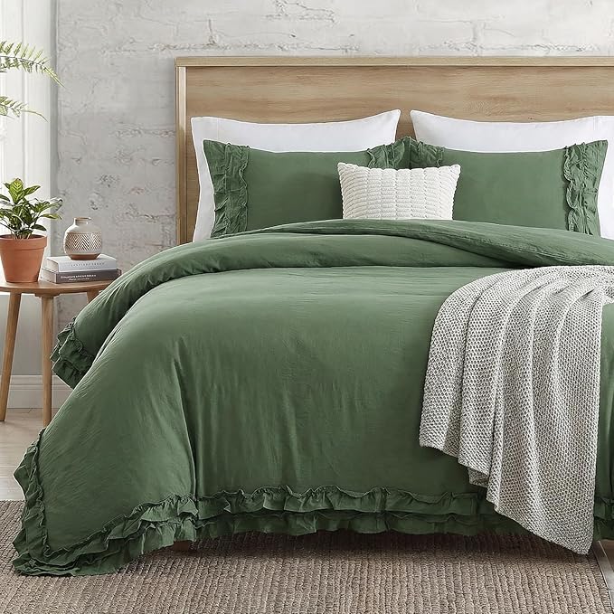 Bedorm Boho Queen Duvet Cover Olive Green Bedding Set Shabby Chic Lace Fringe Ruffle Bedding Super Soft Warm Farmhouse Comforter Cover 3 Pcs Sets