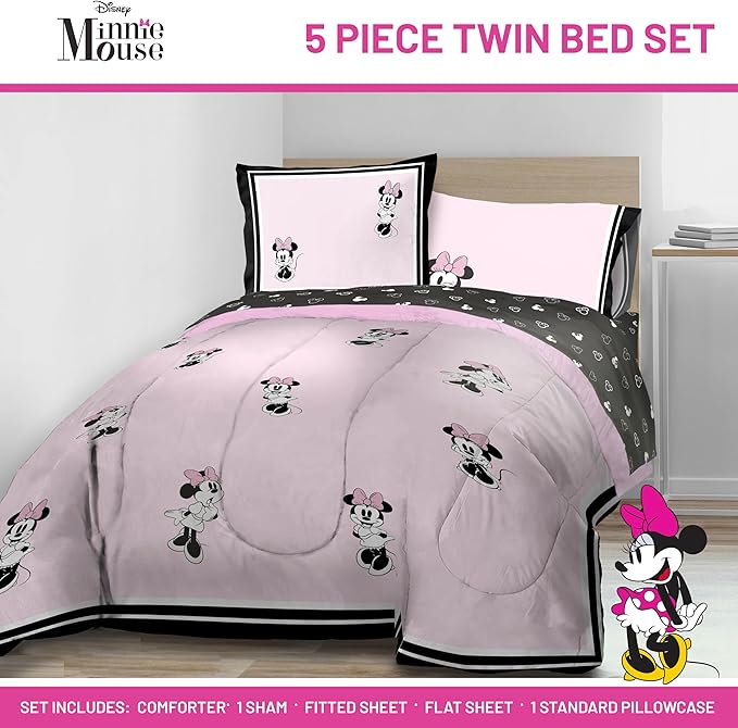 Jay Franco Kids Comforter Set Includes Sheets and Pillow Covers - Soft and Cozy Bed Set for Stylish Room Decor, Official Licensed Bedding, Multi - Minnie Mouse, 5 Piece Twin