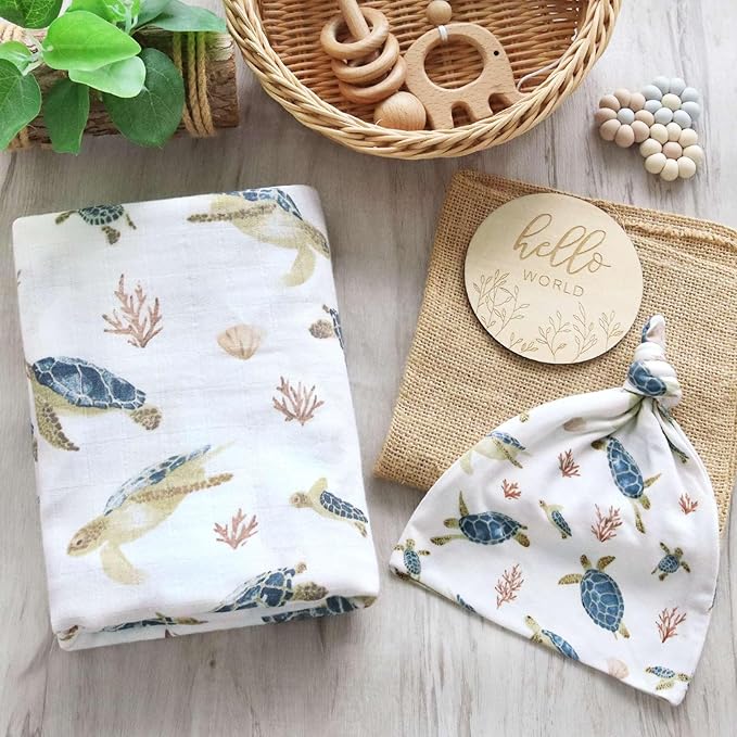 LifeTree Muslin Swaddle Blankets, Muslin Baby Boy Swaddle Blanket and Hat Set with Birth Announcement Card, Newborn Unisex Neutral Receiving Blankets Sea Turtle Pattern