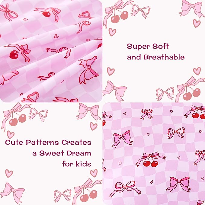 Kids Sheet Set Twin Size, Twin Sheet Set with Pink Cherry Pattern，Breathable Silky Soft Microfiber Kids Fitted Sheet