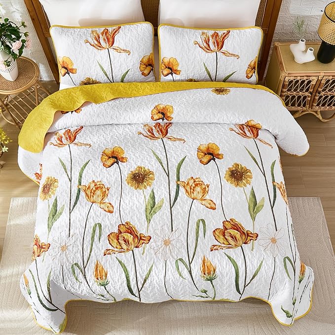 WONGS BEDDING Yellow Quilt Set King Size, Colorful Floral Quilt Set with 2 Pillowcase, Lightweight Spring Summer Farmhouse Coverlet Set for All Season (104"x90")