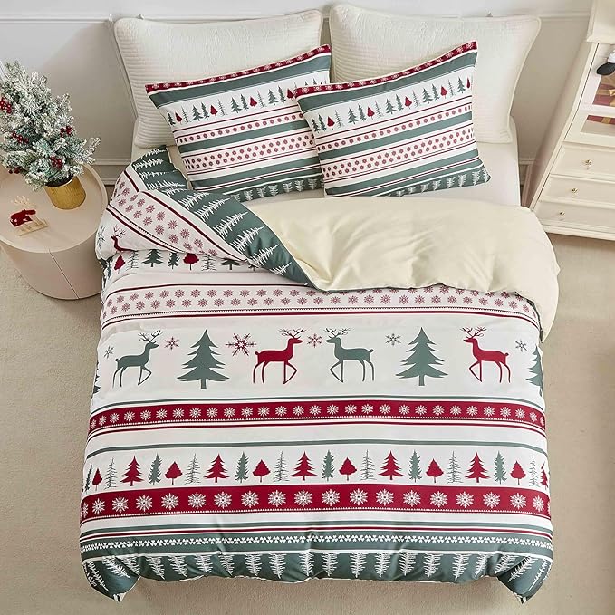 Lekesky Christmas Duvet Cover King Size,3 Pieces Reversible Green Christmas Reindeer Snowflake Holiday Bedding Set with Zipper Closure and 8 Corner Ties(1 Duvet Cover 104×90 inches + 2 Pillowcases)