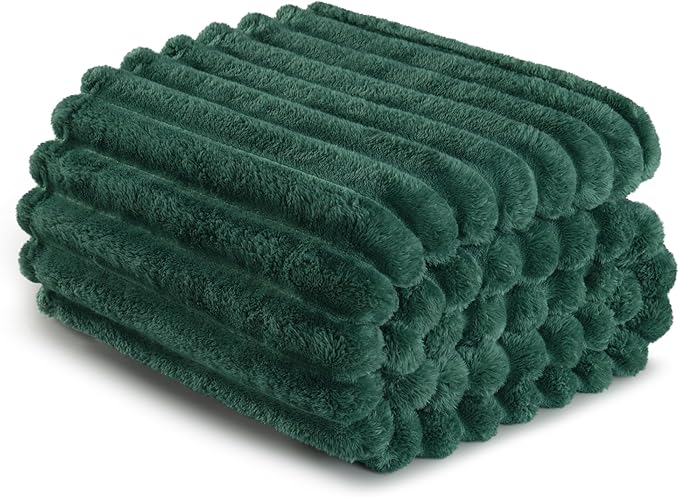 Exclusivo Mezcla Twin Size Flannel Fleece Blanket, Super Soft Striped Jacquard Bed Blanket, Lightweight Fuzzy Cozy for All Seasons, 60x80 Inches, Forest Green