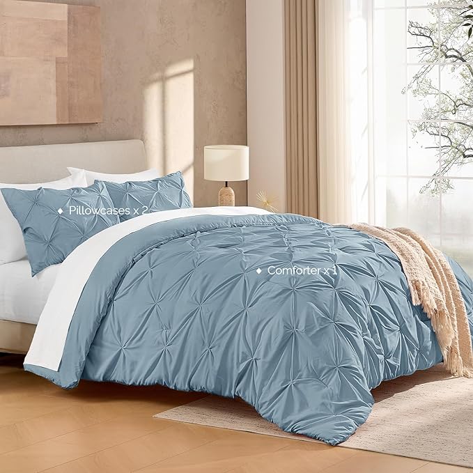 Andency Grayish Blue Pinch Pleat Comforter Full(79x90Inch), 3 Pieces(1 Pintuck Comforter and 2 Pillowcases) Solid Soft Down Alternative Microfiber Lightweight Bedding Set All Season