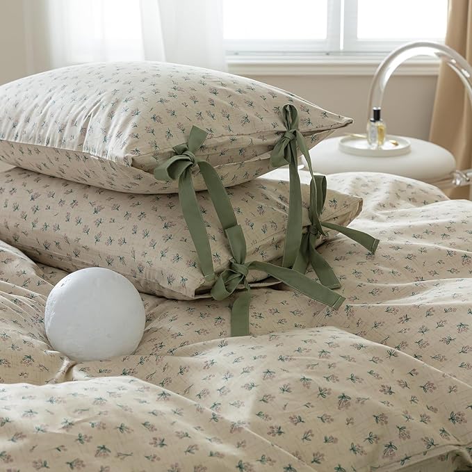 HighBuy Girl Duvet Cover Twin XL Floral Bedding Boho Soft Cotton Coquette Comforter Cover Twin XL with 2 Bowknot Bow Tie Pillowcases,Farmhouse Vintage 3 Pieces Cute Flowers Bedding Set Ultra Soft