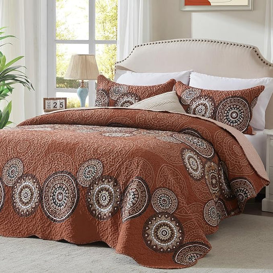 LEAONME 3 Pieces King Size Burnt Orange Rust Quilt Set Lightweight Oversized Bedspread 98''x106'' Soft Microfiber Floral Coverlet Luxurious Warm Bed Cover for All Seasons (1 Quilt, 2 Pillow Shams)