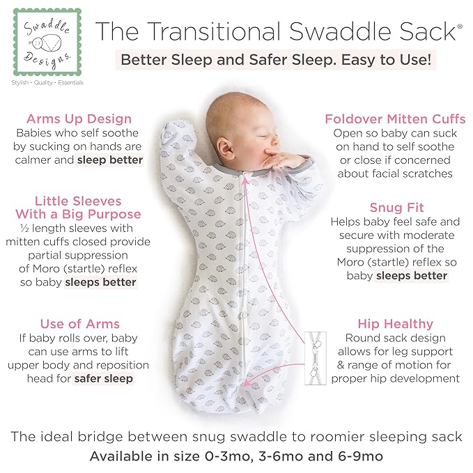 SwaddleDesigns Transitional Swaddle Sack, Arms Up Half-Length Sleeves & Mitten Cuffs, Swaddle for Newborn Transition to Baby Sleep Sack Wearable Blanket, Small, 0-3 month, 6-14 lb, Tiny Hedgehogs