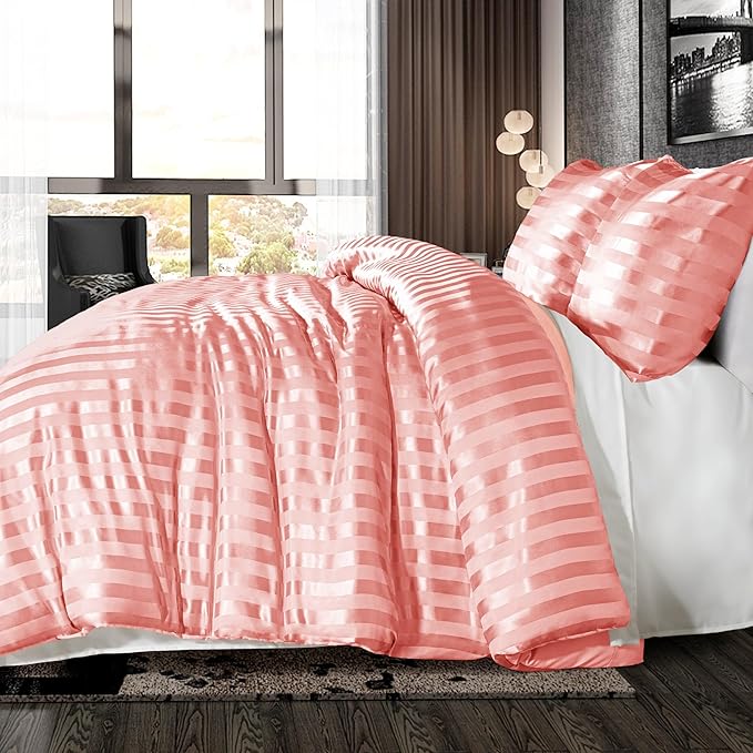 Whale Flotilla 3-Piece Reversible Silky Soft Queen Comforter Set, Luxury Stripe Satin Comforters Full Size Bedding Set with 2 Satin Pillowcases, Lightweight Duvet for All Seasons, Pink