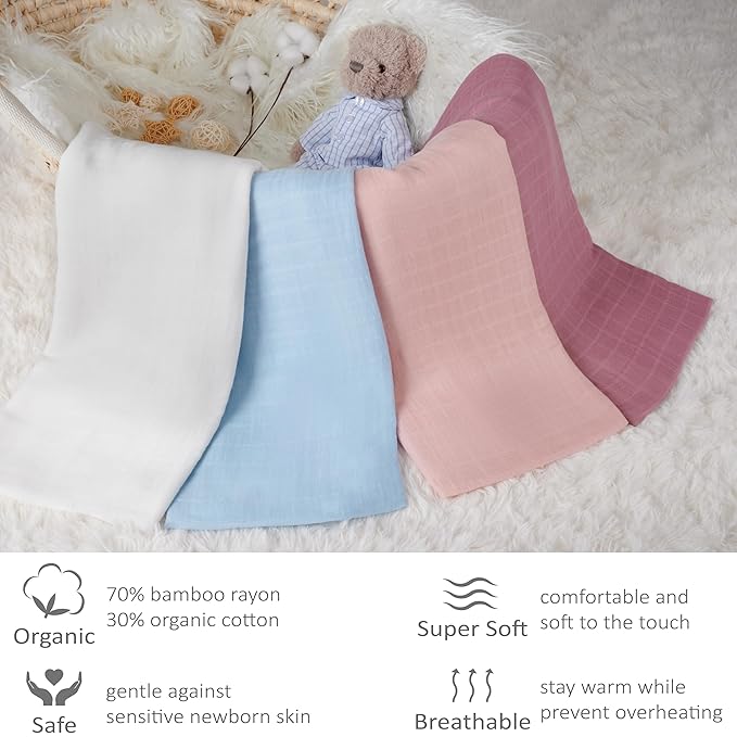 Meracorallo Muslin Swaddle Blanket Silky Soft Receiving Blanket Neutral Swaddle Wrap for Baby Boys and Girls, 47 x 47 inches, Set of 4 Solid Color (White+Blue+Pink+Purple)