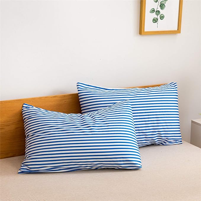 JELLYMONI 100% Natural Cotton 3pcs Striped Duvet Cover Sets,White Duvet Cover with Blue Stripes Pattern Printed Comforter Cover,with Zipper Closure & Corner Ties(King Size)