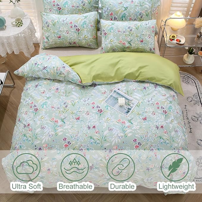 URBONUR Green Floral Duvet Cover Set King Size 100% Egyptian Cotton Bedding Set Farmhouse Butterfly Print Comforter Cover with Button Closure (3Pcs, King)