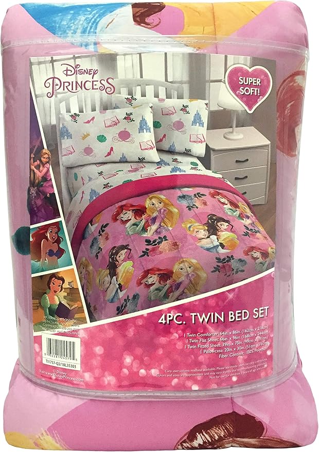 Jay Franco Disney Princess Sassy 4 Piece Twin Bed Set - Includes Comforter & Sheet Set - Super Soft Fade Resistant Polyester - (Official Disney Product)
