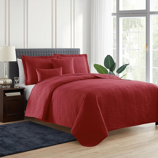 Hearth & Harbor Quilts King Size - All Season Bedspread Coverlet Set, Pinsonic Weave Lightweight Bedding Set - 5 Piece King Quilt Set with Pillow Shams, Ellipse - Burgundy