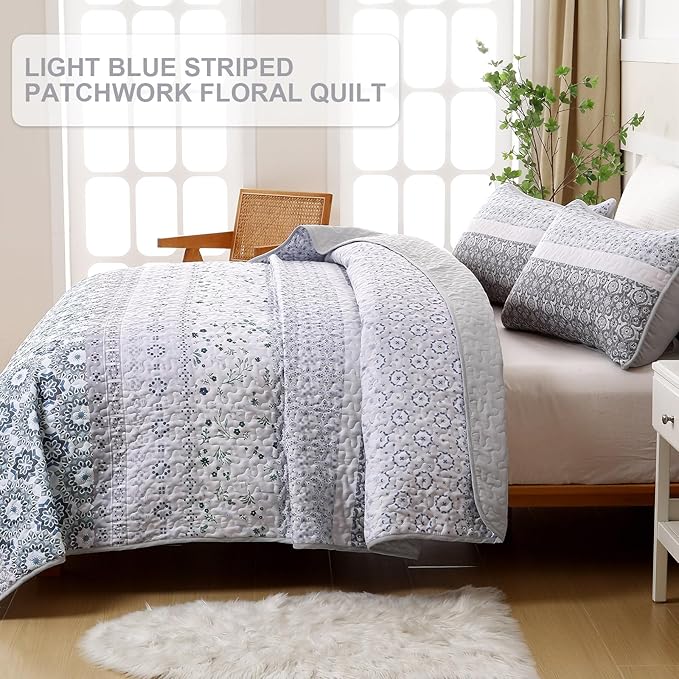 WONGS BEDDING Boho Quilt Set King, Bohemian Grayish Blue Striped Patchwork Bedspread Coverlet Set with 2 Pillowcases,Lightweight Microfiber Floral Bedding Set 104"×90"