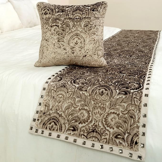 The HomeCentric King/Queen/Twin Beige Decorative Queen 74"x18" Bed Runner with Pillow Cover, Velvet Damask & Crystal Border Bed Scarf on Velvet Fabric - Henriretta