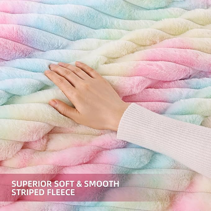 Smoofy Fluffy Full Size Comforter Sets 3 Pieces - Rainbow Fleece Fluffy Comforter Set, Luxury Fuzzy Full Bedding Set, Soft Comforter Full Size All Season, Heavy Faux Fur Comforter with 2 Pillow Cases