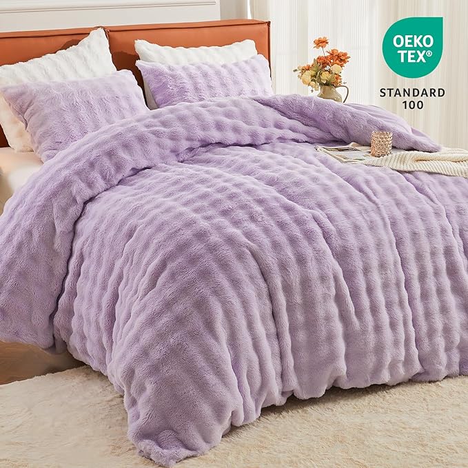 EMME Faux Fur Duvet Cover King Size, 3 Pieces Ultra Soft Fluffy Comforter Cover, Cozy Warm for Winter, Luxury Elegant Shaggy Bubble Design Bedding, 1 Duvet Cover & 2 Pillow Shams (King, Purple)
