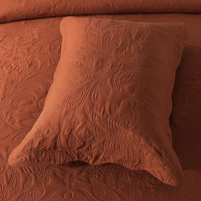 HoneiLife Embroidered Quilt King Size - 3 Piece Microfiber Quilt Sets Lightweight Bedspreads Reversible Coverlets Retro Bed Cover Paisley Pattern Bedding Set All Season Quilts-Rust