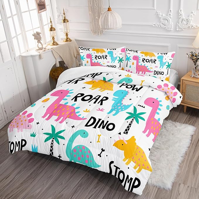 Axolotl Girls Cartoon Dinosaur Bedding Comforter Set,Cute Colorful Dinosaur Bedding for Girls Teens,Kawaii Dino Animal Kids Comforter Set for Boys Adults,1 Quilt 2 Pillow Cases,White King Size