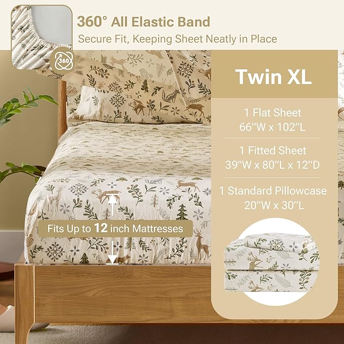 Sleep Philosophy True North 100% Cotton Flannel Sheets Twin XL Size, Cozy Flannel Sheet Set Brushed for Extra Softness, Heavyweight Novelty Print Warm Flannel Bedding Set, Tan Woodland Winter 3 Piece