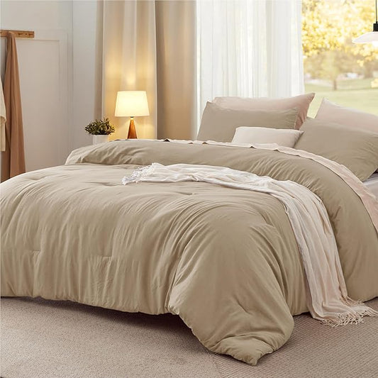 Bedsure Oversized King Comforter Set, Khaki Soft Prewashed Bedding for All Seasons, 3 Pieces GentleSoft™ Bed Set, 1 Lightweight Comforter (120"x98") and 2 Pillowcases (20"x36")