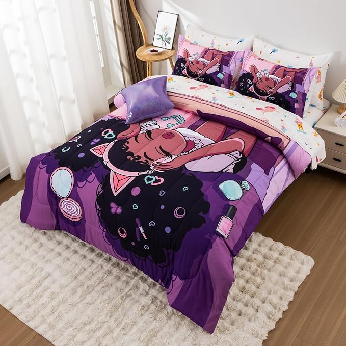 A Nice Night Purple Comforter Sets,Black Girl Listening Music Printed, 6Pcs Bed in A Bag Queen Size All Seasons Bedding Set,for Kids, Girls