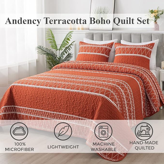 Andency Terracotta California King Quilt Set, 3 Pieces Boho Lightweight Soft Striped Cal King Bedspread for All Season (112"x104"), Printed Bohemian Microfiber Reversible Coverlet Comforter Sets