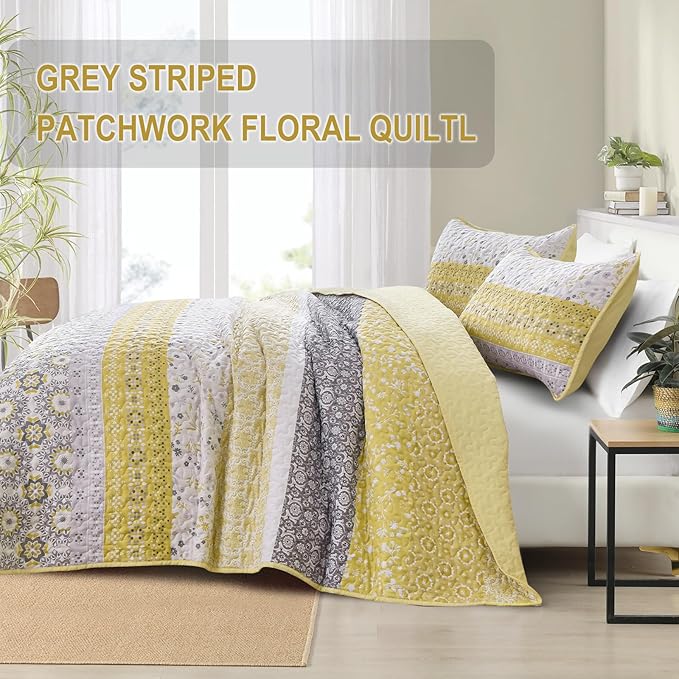 WONGS BEDDING Boho Quilt Set Full Size, Yellow Bohemian Striped Patchwork Bedspread Coverlet Set with 2 Pillowcases,Lightweight Microfiber Floral Bedding Set 78"×90"